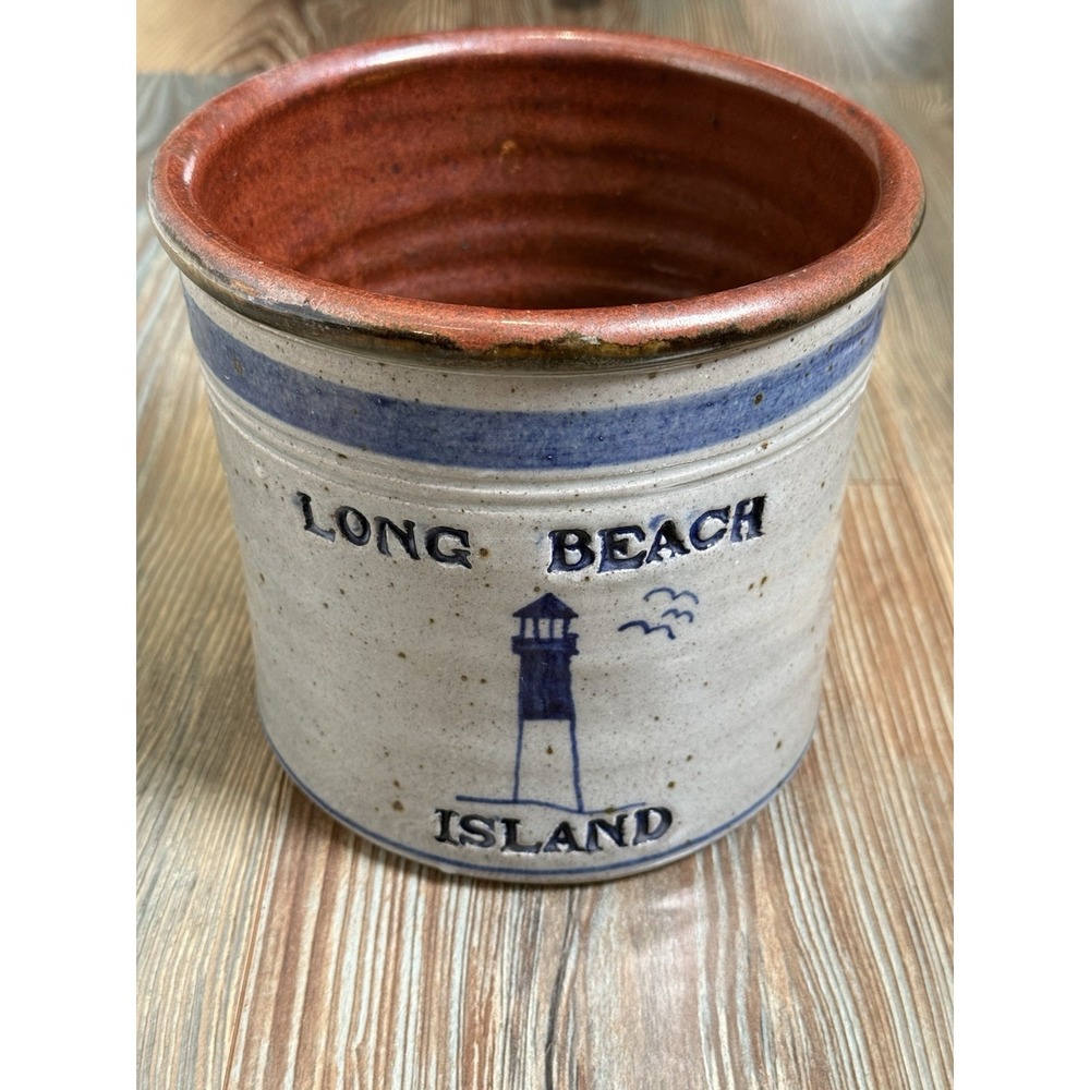 Blue/Gray Long Beach Island Salt Glaze Signed Stoneware Crock 6.5x7 1995